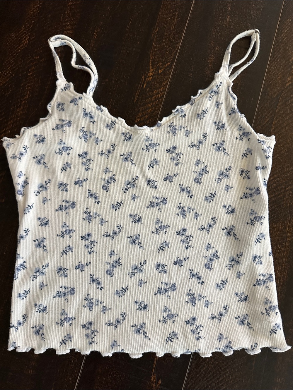 Hollister White Ribbed Cami with Blue Floral Pattern